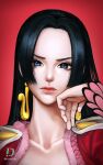  1girl artist_name black_hair blue_eyes boa_hancock closed_mouth collarbone commentary earrings epaulettes jewelry lips lipstick long_hair looking_at_viewer makeup one_piece red_background red_lips rita11zero signature simple_background snake_earrings solo 