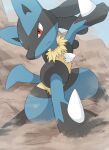  dust highres looking_at_viewer lucario no_humans pokemon pokemon_(creature) red_eyes rock rumine_(yoshi1234567) solo 