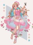  1girl armlet aruk barefoot blonde_hair blunt_bangs breasts bug butterfly commentary_request dress flower full_body hair_flower hair_ornament highres jewelry long_hair looking_at_viewer necklace original pink_dress sleeveless sleeveless_dress solo 