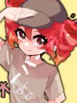 1girl arm_behind_back baseball_cap blurry blurry_foreground dormirchy drill_hair grey_shirt hat kasane_teto kasane_teto_(sv) looking_at_viewer outer_glow override_(synthesizer_v) print_shirt red_eyes redhead salute shirt simple_background smile solo synthesizer_v twin_drills twintails yellow_background