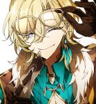  1boy aqua_shirt aventurine_(honkai:_star_rail) black_gloves blonde_hair card clothing_cutout collared_shirt earrings fuchi_gn fur_trim glasses gloves hair_between_eyes highres holding holding_card honkai:_star_rail honkai_(series) jewelry looking_at_viewer male_focus neck_tattoo pectoral_cleavage pectorals playing_card ring shirt short_hair solo tattoo 