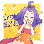  1girl :d acerola_(pokemon) alternate_color blush closed_eyes collarbone commentary_request dress eyelashes facing_viewer flipped_hair hair_ornament hairclip hands_up happy highres mitarashi_(mtr_edmm) open_mouth orange_dress pokemon pokemon_masters_ex purple_hair short_sleeves smile solo star_(symbol) stitches topknot yellow_background 