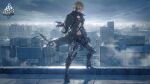  1boy artist_request blonde_hair building cityscape clouds cloudy_sky coat company_name copyright_notice cyborg full_body ganglati_(girls&#039;_frontline) girls_frontline green_coat hair_between_eyes highres long_sleeves looking_at_viewer male_focus mechanical_parts metal_jaw navel nyto_(girls&#039;_frontline) official_art outdoors outstretched_hand paradeus prosthesis prosthetic_arm prosthetic_leg rooftop second-party_source short_hair sky smile solo standing torn_clothes torn_coat 