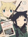  2girls :o ;b black_eyes black_hair blonde_hair blue_eyes book cat chito_(shoujo_shuumatsu_ryokou) coat fur_trim gloves green_coat gun helmet highres holding holding_gun holding_weapon long_hair long_sleeves military military_uniform multiple_girls one_eye_closed open_mouth parisetya rifle shoujo_shuumatsu_ryokou smile uniform weapon yuuri_(shoujo_shuumatsu_ryokou) 