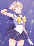  1girl bishoujo_senshi_sailor_moon blonde_hair blue_choker blue_eyes blue_sailor_collar blue_skirt bow choker earrings gloves highres jewelry outer_senshi sailor_collar sailor_senshi sailor_uranus short_hair skirt smile solo space_sword ten&#039;ou_haruka uranus_symbol very_short_hair white_gloves yellow_bow yumeko_(yumemexx) 