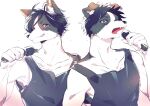 2boys animal_ear_fluff animal_ears bishounen black_fur black_hair black_tank_top body_fur claws dog_boy dog_ears furry furry_male green_eyes grin hand_up highres holding holding_microphone looking_at_viewer male_focus microphone mokotalow11 multiple_boys open_mouth original sharp_teeth short_hair siblings simple_background smile solo tank_top teeth twins upper_body violet_eyes white_background white_fur 