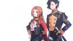  1boy 1girl alternate_hair_color arms_behind_back ascot black_hair brown_hair cape closed_eyes closed_mouth commentary edelgard_von_hresvelg fire_emblem fire_emblem:_three_houses garreg_mach_monastery_uniform gloves hand_on_own_hip highres hubert_von_vestra long_hair parted_lips red_cape sheath sheathed short_hair simple_background smile standing sword teeth violet_eyes weapon white_ascot white_background white_gloves yuu_(primalmxy) 