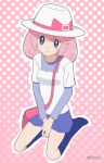  1girl bag blue_socks bright_pupils closed_mouth frown full_body hat highres jiffy0v0 long_hair looking_at_viewer mole mole_under_eye outline pink_background pink_bag pink_hair pokemon pokemon_bw2 polka_dot polka_dot_background shirt shoulder_bag sitting skirt socks solo undershirt white_headwear white_pupils white_shirt yancy_(pokemon) 