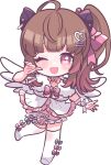  1girl :d blue_bow blush bow bow_legwear brown_hair capybara_ears chibi commentary_request frilled_shirt frilled_skirt frills full_body hair_ornament hairclip heart heart_hair_ornament kino_haruc long_hair looking_at_viewer medium_bangs nanashi_inc. one_eye_closed one_side_up open_mouth pink_bow pink_eyes pink_skirt shirt simple_background skirt smile solo thigh-highs transparent_background virtual_youtuber white_bow white_shirt white_thighhighs wrist_bow yunohara_izumi 
