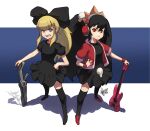 2girls artist_signature ashley_(warioware) black_bow black_dress black_hair blonde_hair blue_background bow claudia_(crazy_galaxy) crazy_galaxy dress frown grey_eyes guitar gun jacket mateus_upd ponytail red_eyes red_jacket skull twintails warioware weapon