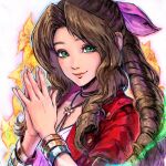  1girl absurdres aerith_gainsborough bracelet brown_hair closed_mouth commentary drill_hair english_commentary eyelashes final_fantasy final_fantasy_vii green_eyes hair_intakes highres jewelry long_hair looking_at_viewer necklace own_hands_together pink_lips smile solo upper_body white_background xriviia 