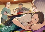  1girl 2024 3boys adachi_tooru angry artist_name black_eyes black_hair blunt_bangs blush brown_eyes brown_hair child collared_shirt commentary_request dated dinner doujima_nanako doujima_ryoutarou frown grey_hair grey_shirt happy_new_year highres indoors kotatsu looking_at_another looking_down looking_to_the_side low_twintails lying medium_hair multiple_boys narukami_yuu necktie new_year on_side open_mouth persona persona_4 red_necktie relaxing shirt short_hair short_twintails solo_focus spiky_hair sweatdrop table twintails under_kotatsu under_table upper_body white_shirt yoshino_saku 