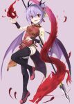  akisome_hatsuka alternate_costume bat_wings china_dress chinese_clothes dragon dress fang pelvic_curtain pointy_ears purple_hair red_eyes red_footwear remilia_scarlet short_hair smile spear_the_gungnir thigh-highs touhou wings wrist_cuffs 