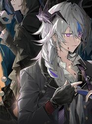  arknights black_gloves braid collared_shirt fingerless_gloves gloves highres kaninn multicolored_hair necktie shirt white_hair white_shirt 