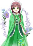  1girl :d brown_hair choker cloak dress floral_print flower fur-trimmed_hood fur_trim gochuumon_wa_usagi_desu_ka? green_choker green_cloak green_dress green_eyes highres hood hood_up hooded_cloak long_hair looking_at_viewer print_dress purple_flower ryoutan simple_background smile solo ujimatsu_chiya very_long_hair white_background 