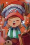  1boy antlers closed_eyes commentary_request gift happy hat highres horns machida_0906 male_focus one_piece reindeer_antlers santa_hat shirt solo striped_clothes striped_shirt tony_tony_chopper vertical-striped_clothes vertical-striped_shirt 