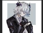  1boy arknights black_gloves black_jacket blue_hair border braid closed_mouth collared_shirt dragon_boy dragon_horns earrings fingerless_gloves gloves grey_background hair_between_eyes highres horns infection_monitor_(arknights) jacket jewelry lapels long_hair looking_at_viewer male_focus multicolored_hair necktie notched_lapels ojsn_00 outside_border own_hands_together purple_necktie puzzle_(arknights) shirt simple_background single_braid sketch sleeve_garter smile solo streaked_hair striped_necktie suit_jacket upper_body violet_eyes white_border white_hair white_shirt 