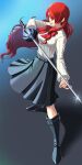  1girl absurdres boots breasts chiga_akira full_body high_heel_boots high_heels highres holding holding_sword holding_weapon kirijou_mitsuru long_hair long_skirt long_sleeves looking_at_viewer persona persona_3 rapier red_eyes redhead ribbon skirt smile solo sword weapon 