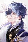  1boy absurdres earrings ego_(ego_inp) gloves grey_hair hair_between_eyes hand_on_own_head head_wings highres honkai:_star_rail honkai_(series) jewelry looking_to_the_side male_focus short_hair solo sunday_(honkai:_star_rail) upper_body white_background white_gloves wings 