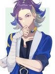  1boy adaman_(pokemon) arm_wrap black_shirt blue_coat border bright_pupils brown_eyes closed_mouth coat collarbone earrings green_background hand_up head_tilt highres jewelry kana_(kanna_runa0620) looking_at_viewer loose_hair_strand male_focus multicolored_hair neck_ring open_clothes open_coat pokemon pokemon_legends:_arceus ponytail shirt smile solo upper_body white_border white_pupils 