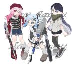  3girls absurdres beanie bell black_collar black_hair black_shirt black_thighhighs blue_hair blue_shorts bright_pupils closed_mouth collar denim denim_shorts e-liter_4k_(splatoon) eyelashes food_in_mouth full_body gradient_hair grey_eyes grey_shirt gun hair_ornament hairclip hat highres holding holding_gun holding_sword holding_weapon inkling inkling_girl jacket kiwi_splatoon leg_warmers long_hair medium_hair multicolored_hair multiple_girls neck_bell one_eye_closed open_clothes open_jacket open_mouth pink_eyes pink_hair pleated_skirt pointy_ears red_headwear scar scar_across_eye shirt shorts simple_background skirt smile sparkle splat_charger_(splatoon) splatana_wiper_(splatoon) splatoon_(series) splatoon_3 standing star-shaped_pupils star_(symbol) striped_clothes striped_shirt sword symbol-shaped_pupils tape teeth tentacle_hair thick_eyebrows thigh-highs weapon white_background white_pupils yellow_eyes 