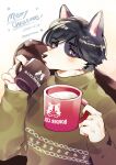  1boy animal_ears artist_name bishounen black_fur black_hair body_fur chair claws cup dated dog_boy dog_ears drink english_text gradient_background green_sweater hands_up highres holding holding_cup long_sleeves looking_at_viewer male_focus merry_christmas mixed-language_commentary mokotalow11 mug open_mouth orange_background original short_hair simple_background sitting solo sweater turtleneck turtleneck_sweater upper_body violet_eyes white_fur 