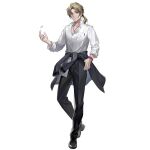  1boy artist_request belt black_footwear black_pants blonde_hair blue_wristband breast_pocket closed_mouth clothes_around_waist coin coin_flip collared_shirt dog_tags ear_piercing full_body girls_frontline hand_in_pocket highres jacket jacket_around_waist long_hair long_sleeves looking_at_viewer male_focus multiple_wristbands official_art pants piercing pocket ponytail ramzan_(girls&#039;_frontline) red_wristband shirt shoes simple_background smile solo standing third-party_source transparent_background violet_eyes white_shirt 