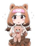  1girl animal_ears aw_r0s bare_shoulders bear_ears bear_girl blush bow bowtie brown_bow brown_bowtie brown_eyes brown_hair collared_shirt cowboy_shot flying_sweatdrops frilled_skirt frills hair_between_eyes hairband high-waist_skirt highres kemono_friends kodiak_bear_(kemono_friends) light_brown_hair multicolored_hair pink_hairband pleated_skirt shirt short_twintails sidelocks skirt sleeveless solo stuffed_animal stuffed_toy teddy_bear twintails white_hair white_shirt 