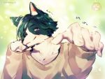  1boy ahoge animal_ear_fluff animal_ears artist_logo artist_name bishounen black_fur black_hair body_fur brown_sweater claws dog_boy dog_ears furry furry_male grey_background hand_on_own_cheek hand_on_own_face hands_up head_rest long_sleeves looking_at_viewer male_focus mokotalow11 original reaching reaching_towards_viewer short_hair solo sweater upper_body violet_eyes white_fur 