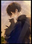  1boy absurdres animal black_cat black_gloves brown_hair bush cat earrings from_side gloves highres holding holding_animal holding_cat holding_umbrella jewelry long_sleeves male_focus original profile rain red_eyes solo umbrella yuki_monaka1 