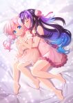  2girls black_hair blue_eyes closed_mouth dress flower hair_flower hair_ornament haizakura_(prima_doll) hug karasuba_(prima_doll) long_hair multicolored_hair multiple_girls on_bed open_mouth pink_hair ponytail prima_doll_(anime) purple_hair sleepwear smile streaked_hair violet_eyes 