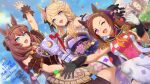  3girls animal_ears ascot bare_shoulders black_gloves blonde_hair blue_eyes blue_sky brown_hair dutch_angle flower flower-shaped_pupils flower_in_eye gloves gold_city_(akizakura_danzatrice)_(umamusume) gold_city_(umamusume) gold_hairband hair_flower hair_ornament hairband high_ponytail highres horse_ears horse_girl japanese_clothes kimono long_hair looking_at_viewer low_ponytail mihono_bourbon_(code:glassage)_(umamusume) mihono_bourbon_(umamusume) multiple_girls one_eye_closed orange_ascot purple_kimono sakura_bakushin_o_(umamusume) shinmai_(kyata) sky sleeveless sleeveless_kimono smile symbol-shaped_pupils symbol_in_eye umamusume violet_eyes white_gloves 