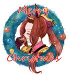  1girl animal_ears brown_hair christmas_ornaments christmas_wreath closed_eyes closed_mouth epaulettes gloves hairband hand_up horse_ears long_hair merry_christmas metsugi_(mekki5160) ponytail profile sakura_bakushin_o_(umamusume) simple_background smile solo umamusume white_background wreath 