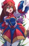  1girl armor belt beret blue_dress breasts brown_hair dress flower green_eyes hat highres iris_(mega_man) long_hair medium_breasts mega_man_(series) mega_man_x4 mega_man_x_(series) multicolored_clothes multicolored_dress open_mouth red_dress red_headwear robot_ears robot_girl shoulder_armor solo vani_(hisha_04) 