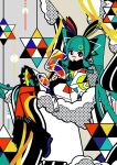  1girl 5_(number) alternate_costume animal_ears aqua_hair bandaid bandaid_on_face bandaid_on_nose black_footwear boots clouds colorful fake_animal_ears from_side full_body fur-trimmed_jacket fur_trim hair_ornament halftone hatsune_miku holding jacket long_hair long_sleeves looking_at_viewer looking_to_the_side machigami_yoh open_mouth pantyhose rabbit_ears red_pantyhose sitting sitting_on_cloud skirt solo star_(symbol) twintails very_long_hair vocaloid zipper_pull_tab 