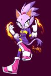  1girl animal_ears blaze_the_cat cat_ears cat_girl cat_tail fangs fire forehead_jewel furry furry_female gloves highres jamoart jumpsuit pink_footwear ponytail purple_fur purple_jumpsuit sonic_(series) sonic_riders tail white_gloves yellow_eyes zipper_pull_tab 