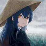  1girl ajirogasa brown_hair closed_mouth clouds cloudy_sky commentary_request grass grey_headwear hair_between_eyes hat highres hijiri_byakuren long_hair looking_at_viewer looking_back medium_bangs orange_eyes outdoors overcast rain sky smile solo touhou upper_body washipanda 