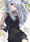  1girl animal_ears arknights black_dress brown_shirt character_request check_character commentary_request dress ear_piercing eyes_visible_through_hair frostnova_(arknights) grey_eyes grey_hair hair_ornament hair_over_one_eye hairclip highres long_sleeves looking_at_viewer mouth_hold piercing rabbit_ears shirt sleeveless sleeveless_dress solo soranagi_(una123) white_background 