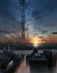  absurdres advarcher building cityscape clouds cloudy_sky commentary flying_car highres megastructure night no_humans original outdoors scenery science_fiction sky star_(sky) starry_sky sunset tower_of_babel 