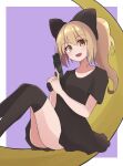 1girl black_bow black_dress blonde_hair bow claudia_(crazy_galaxy) crazy_galaxy dj_maud0210 dress fingernails gun holding_weapon looking_at_viewer moon open_mouth ponytail purple_background sitting sitting_on_moon solo yellow_eyes