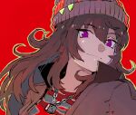  1girl beanie brown_hair brown_jacket chain_necklace closed_mouth grey_headwear hat jacket jewelry long_hair looking_at_viewer metsugi_(mekki5160) nakayama_festa_(umamusume) necklace open_clothes open_jacket outline red_shirt shirt smile solo umamusume violet_eyes yellow_outline 