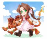  1boy 1girl aerith_gainsborough bangle beads boots bracelet braid braided_ponytail brown_footwear brown_hair buttons chibi choker closed_mouth clouds cloudy_sky cropped_jacket dress facial_mark feather_hair_ornament feathers final_fantasy final_fantasy_vii final_fantasy_vii_rebirth final_fantasy_vii_remake flame-tipped_tail flower_choker full_body grass green_eyes hachidori hair_beads hair_ornament hair_ribbon jacket jewelry light_blush long_dress long_hair looking_at_viewer orange_fur outdoors outstretched_arms parted_bangs pink_dress pink_ribbon red_jacket red_xiii redhead ribbon scar scar_across_eye short_sleeves sidelocks single_braid sky smile twitter_username walking yellow_eyes 