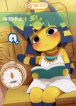  1girl :&lt; ? animal_crossing animal_ears ankha_(animal_crossing) black_eyes blue_hair blush book breasts cat_ears cat_girl cat_tail closed_mouth dagasi dress english_text furry furry_female highres holding holding_book looking_at_viewer pov sitting small_breasts solo_focus tail time_stop translation_request white_dress yellow_fur 