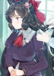  1girl 1other absurdres animal_ears ascot black_hair bow daiichi_ruby_(umamusume) dress drill_hair fagrp12 flower hair_bow hair_flower hair_ornament highres horse_ears horse_girl long_hair long_sleeves looking_to_the_side purple_dress red_ascot red_bow solo_focus umamusume upper_body very_long_hair violet_eyes 