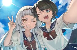  2girls ;d black_hair blue_eyes blue_sailor_collar blue_sky bluedoggie blunt_bangs blush bow clouds collarbone day grey_hair grin hololive long_hair looking_at_viewer multiple_girls murasaki_shion one_eye_closed oozora_subaru open_mouth outdoors red_bow sailor_collar school_uniform serafuku short_hair short_sleeves sky smile summer_uniform sun swept_bangs teeth v virtual_youtuber yellow_eyes 