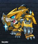  armor artist_logo artist_name chibi claws digimon digimon_xros_wars dragon gold_armor highres horns mechanical_wings no_humans shoutmon_dx sinobali spikes wings 