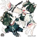  2boys ahoge animal_collar animal_ears animal_hands arms_up artist_logo artist_name bishounen black_footwear black_fur black_hair black_jacket black_pants black_shirt body_fur claws closed_mouth collar cropped_jacket dog_boy dog_ears dog_tail english_text full_body furry furry_male green_eyes high_collar highres jacket light_blush long_sleeves looking_at_viewer mokotalow11 multiple_boys open_clothes open_jacket open_mouth original pants perspective reaching reaching_towards_viewer red_collar shirt short_hair siblings simple_background standing tail tongue tongue_out twins violet_eyes white_background white_fur white_jacket white_pants white_shirt 