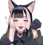  1girl :d animal_ears black_gloves black_hair blue_eyes blush cat_ears choker fang gloves highres hololive hololive_dev_is juufuutei_raden looking_at_viewer multicolored_hair murechika simple_background skin_fang smile solo two-tone_hair virtual_youtuber white_background white_hair 