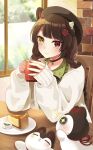  19_okeke 1girl animal_ears beret black_headwear braid brown_hair cafe cake coffee_mug cup dog_ears dog_girl food hat heterochromia highres holding holding_cup inui_toko inui_toko_(3rd_costume) long_hair long_sleeves looking_at_viewer mug nijisanji red_eyes solo twin_braids virtual_youtuber yellow_eyes 