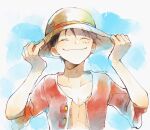  1boy black_hair blue_sky buttons closed_eyes commentary hand_on_headwear hat male_focus monkey_d._luffy nekochanko1 one_piece open_clothes open_shirt red_shirt scar scar_on_face shirt short_hair sky smile solo straw_hat symbol-only_commentary upper_body 